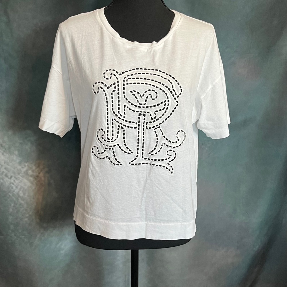 Polo Ralph Lauren Womens White Eyelet RL Logo Graphic T-Shirt Size M Relaxed Fit